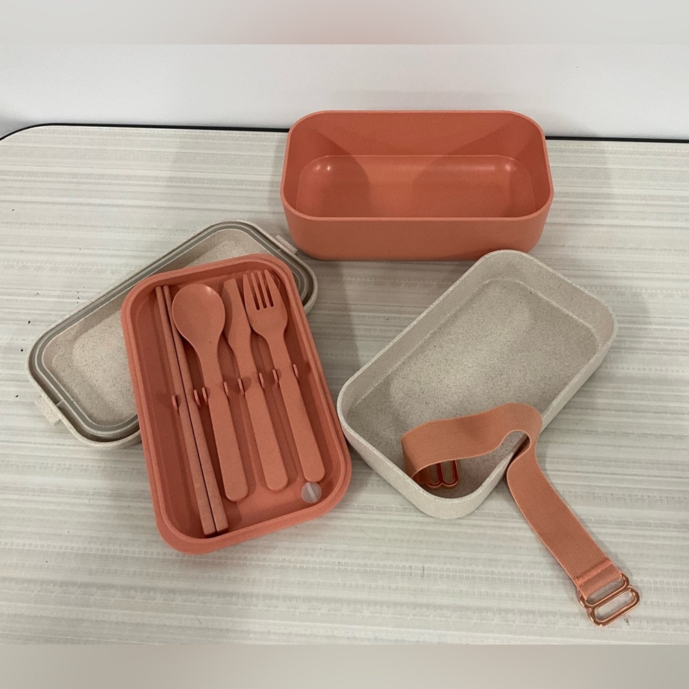 Our Place The Lunch Bento Box Pink/Salmon Set w/Chopsticks Knife Spoon Fork